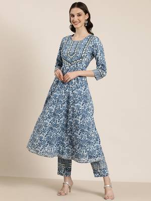 women's round neck floral blue anarkali kurta and trouser with dupatta 4