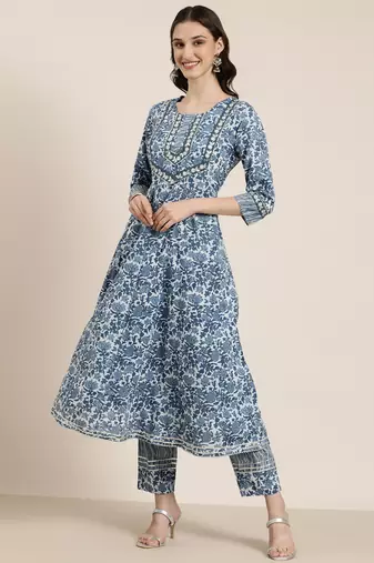women's round neck floral blue anarkali kurta and trouser with dupatta