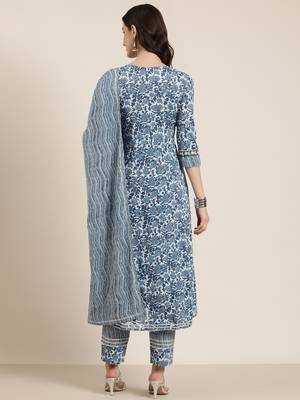 women's round neck floral blue anarkali kurta and trouser with dupatta 5