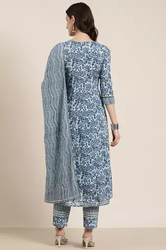 women's round neck floral blue anarkali kurta and trouser with dupatta
