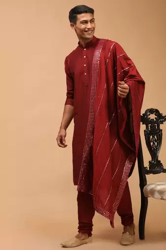 Maroon Viscose Kurta, Pyjama & Dupatta Set