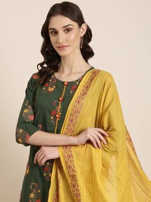 women's round neck floral foil print green straight kurta and trouser with dupatta 1