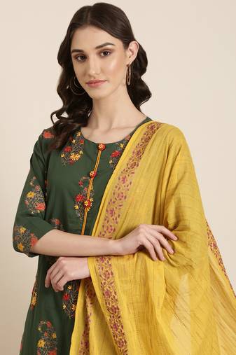 women's round neck floral foil print green straight kurta and trouser with dupatta