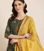 women's round neck floral foil print green straight kurta and trouser with dupatta