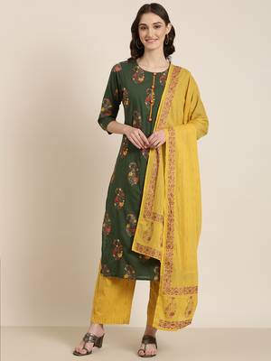 women's round neck floral foil print green straight kurta and trouser with dupatta 2