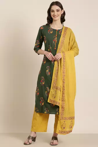 women's round neck floral foil print green straight kurta and trouser with dupatta