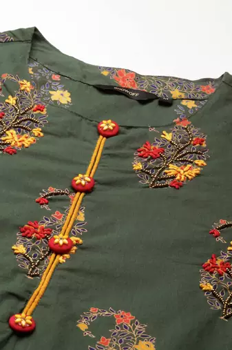 women's round neck floral foil print green straight kurta and trouser with dupatta