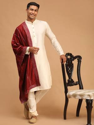 Cream Viscose Kurta, Pyjama & Dupatta Set 1