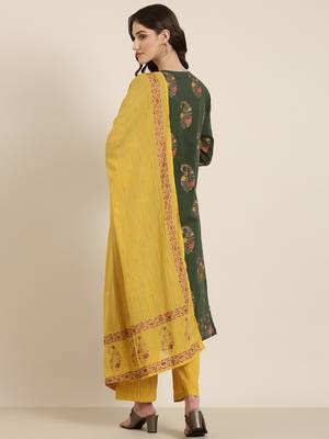 women's round neck floral foil print green straight kurta and trouser with dupatta 4