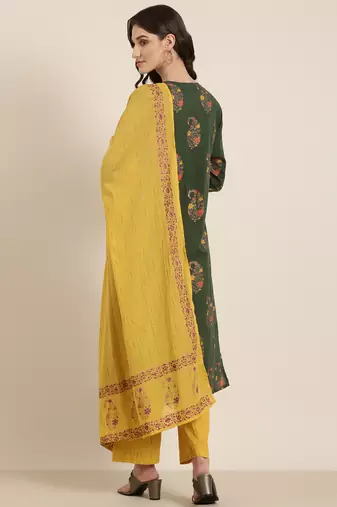 women's round neck floral foil print green straight kurta and trouser with dupatta