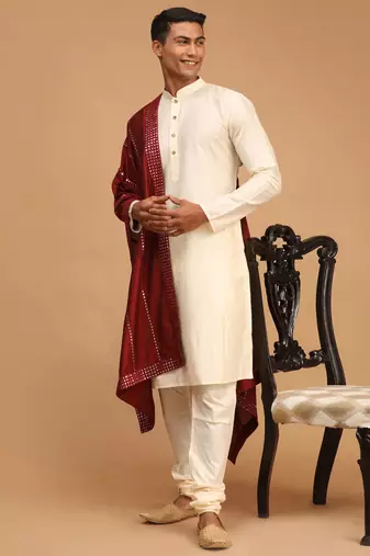 Cream Viscose Kurta, Pyjama & Dupatta Set