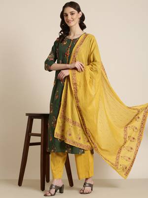 women's round neck floral foil print green straight kurta and trouser with dupatta 5