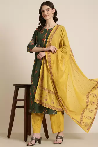 women's round neck floral foil print green straight kurta and trouser with dupatta