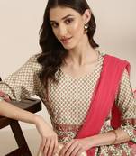 Showoff women's round neck floral foil print sea green anarkali kurta and trouser with dupatta