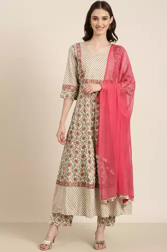 Showoff women's round neck floral foil print sea green anarkali kurta and trouser with dupatta