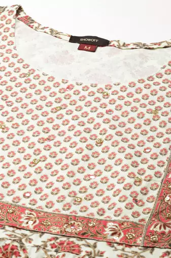 Showoff women's round neck floral foil print sea green anarkali kurta and trouser with dupatta