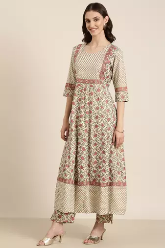 Showoff women's round neck floral foil print sea green anarkali kurta and trouser with dupatta