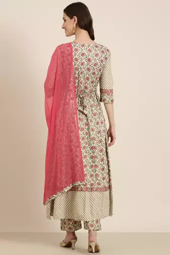 Showoff women's round neck floral foil print sea green anarkali kurta and trouser with dupatta