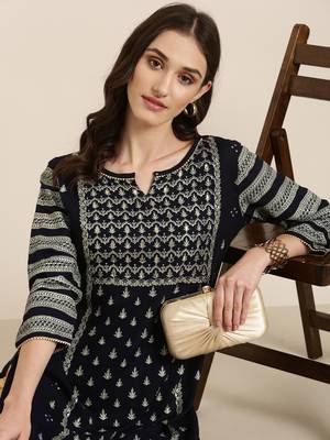 women's round neck floral foil print navy blue straight kurta and trouser 1