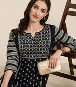 women's round neck floral foil print navy blue straight kurta and trouser