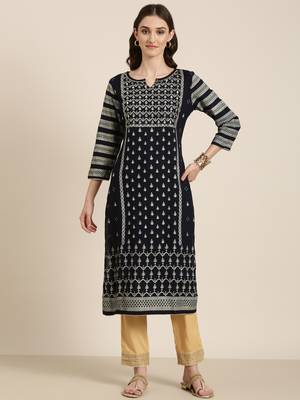 women's round neck floral foil print navy blue straight kurta and trouser 2