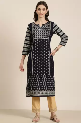 women's round neck floral foil print navy blue straight kurta and trouser