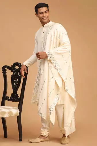 Cream Viscose Kurta, Pyjama & Dupatta Set