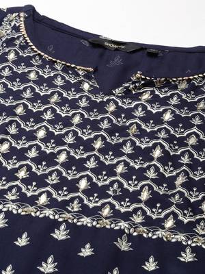 women's round neck floral foil print navy blue straight kurta and trouser 3