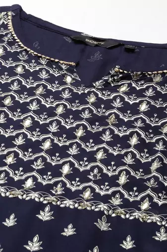 women's round neck floral foil print navy blue straight kurta and trouser