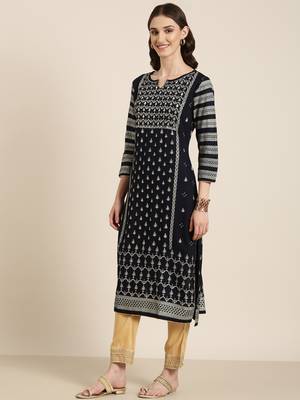 women's round neck floral foil print navy blue straight kurta and trouser 4