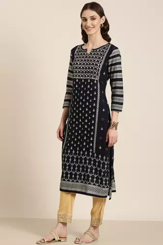women's round neck floral foil print navy blue straight kurta and trouser