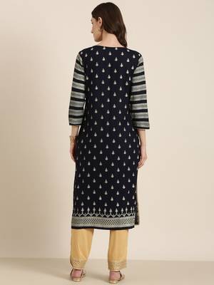women's round neck floral foil print navy blue straight kurta and trouser 5