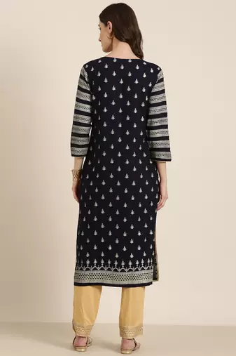 women's round neck floral foil print navy blue straight kurta and trouser