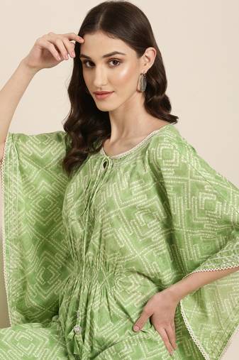 women's tie-up neck bandhani green kaftan kurta and trouser