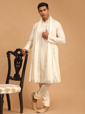 Cream Viscose Kurta, Pyjama & Dupatta Set 1