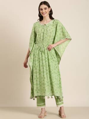 women's tie-up neck bandhani green kaftan kurta and trouser 2