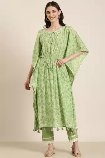 women's tie-up neck bandhani green kaftan kurta and trouser
