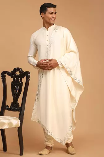 Cream Viscose Kurta, Pyjama & Dupatta Set
