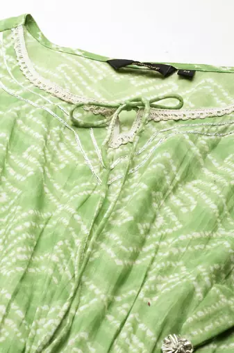 women's tie-up neck bandhani green kaftan kurta and trouser