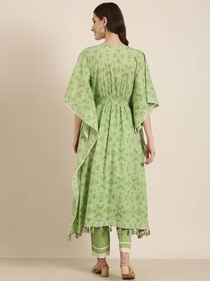 women's tie-up neck bandhani green kaftan kurta and trouser 4