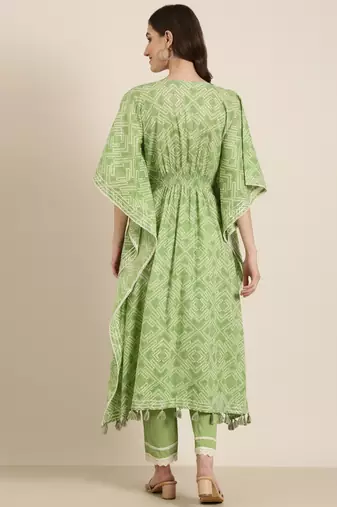 women's tie-up neck bandhani green kaftan kurta and trouser
