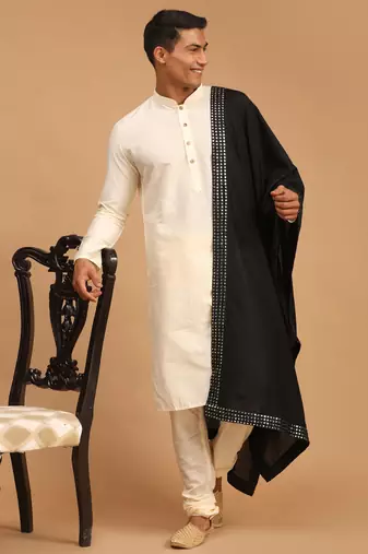 Cream Viscose Kurta, Pyjama & Dupatta Set