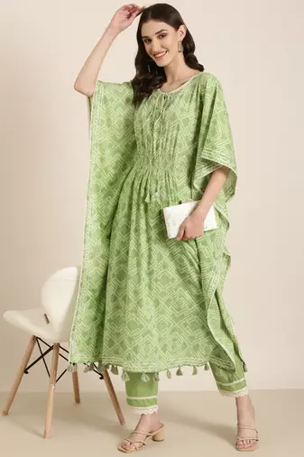 women's tie-up neck bandhani green kaftan kurta and trouser
