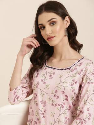 women's round neck floral pink straight kurta and trouser 1