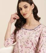 women's round neck floral pink straight kurta and trouser