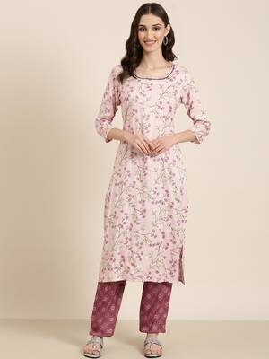 women's round neck floral pink straight kurta and trouser 2