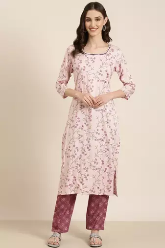women's round neck floral pink straight kurta and trouser
