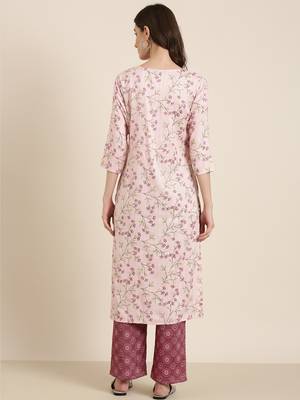 women's round neck floral pink straight kurta and trouser 4