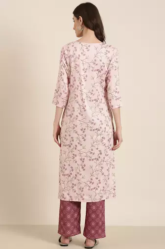 women's round neck floral pink straight kurta and trouser