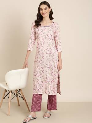 women's round neck floral pink straight kurta and trouser 5
